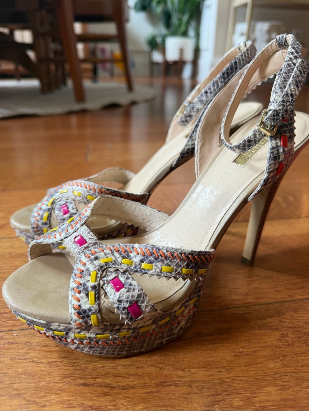 Guess Beige Slingback Platform Heels with Pink & Yellow Accents